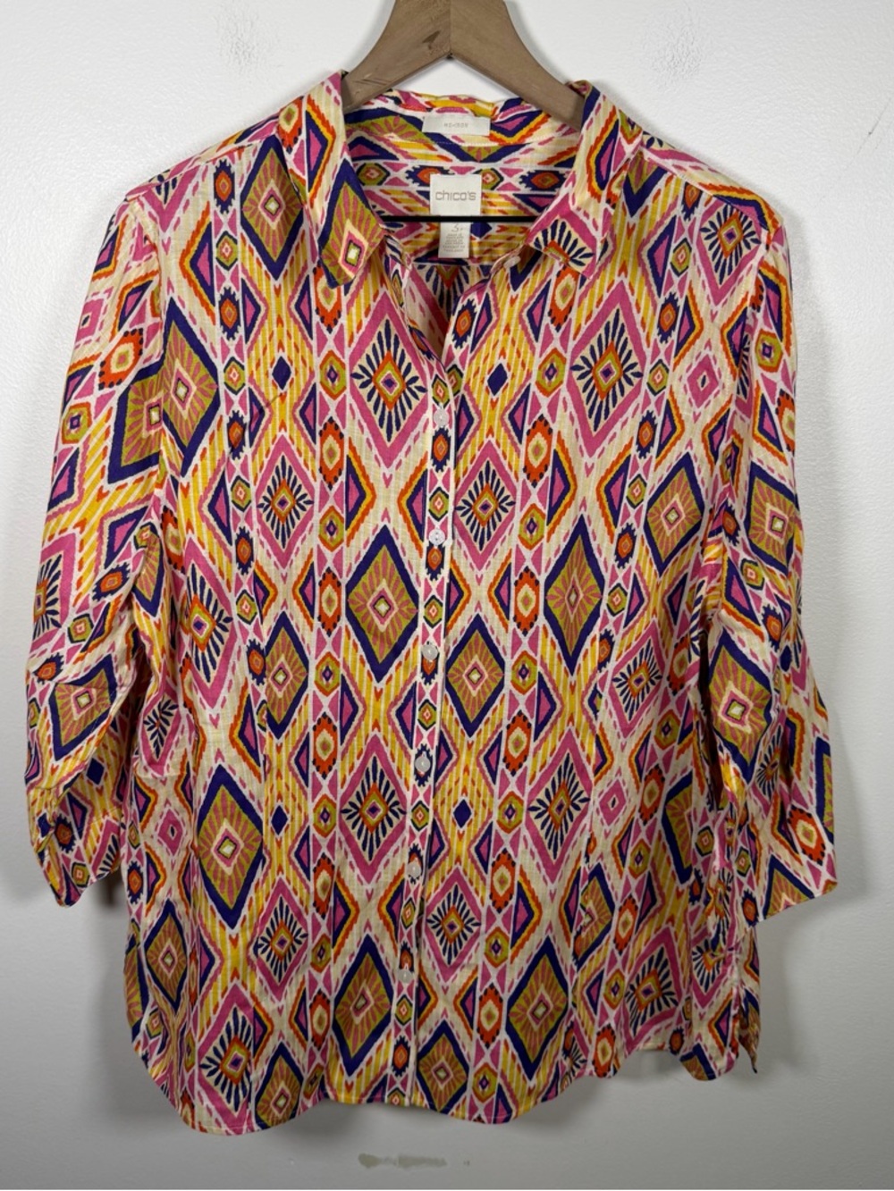 Chicos Effortless 100% Linen Button Up Back Shirt Size 3/XL Orange Pink Boho - Picture 2 of 9